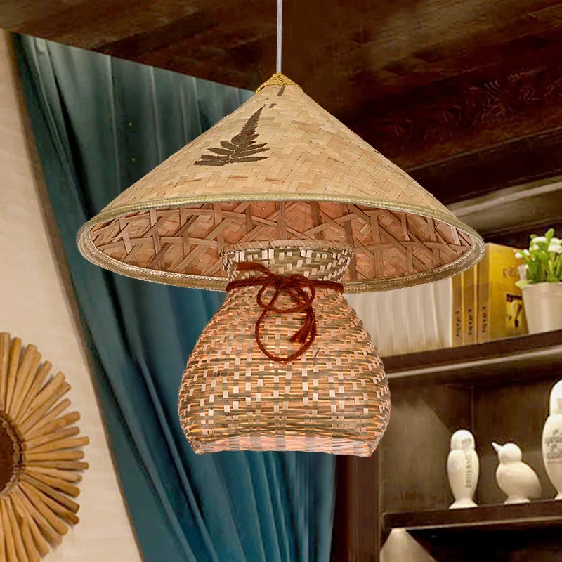 Vintage countryside, farmhouse, rattan art, straw hat lamp, hot pot restaurant, Southeast Asian bamboo woven hat pendant lamp