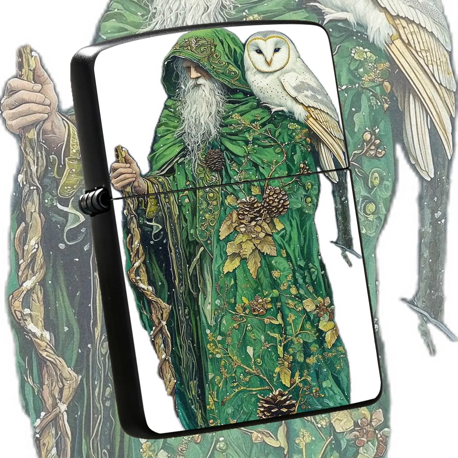 Vintage Forest Wizard Barn Owl Pattern Portable Lighter, Fantasy Nature Themed Green Wizard Design Igniter, Suitable For Camping Travel Daily Carry Officegifting, Exquisite Whimsical Decorative Practical  A Humorous And Interesting Lighter