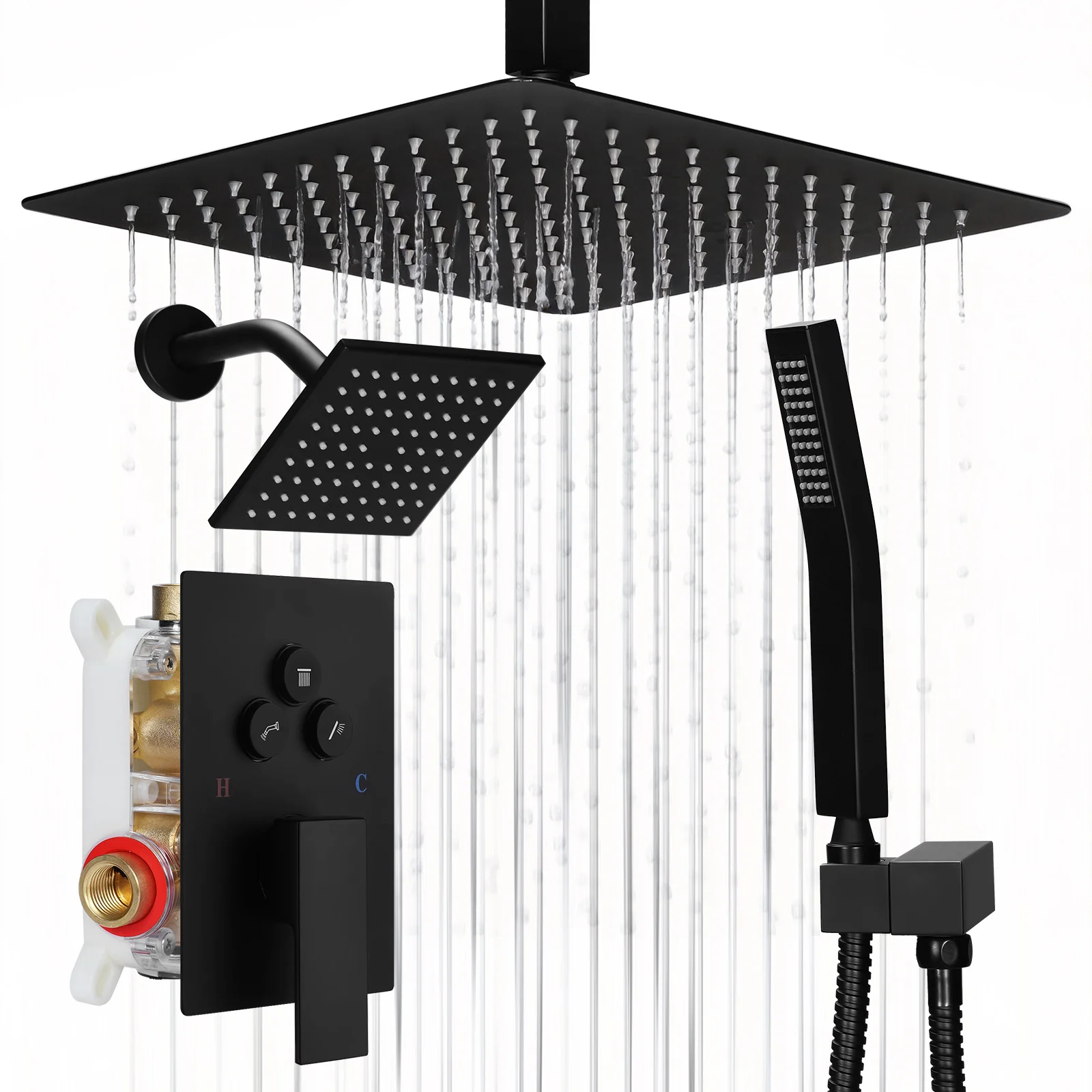 

Комбинированный душевой набор с потолочным душем 12 дюймов, настенным душем 6 дюймов, кнопочным переключателем и ручной лейкой 2-в-1 для ванной комнаты и отеля