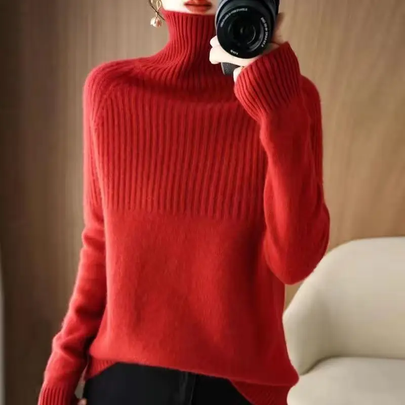 Autumn and Winter Turtleneck Cashmere Sweater Woman New Style Languid Breeze Loose Thick Pullover Underlay Wool Sweater D101