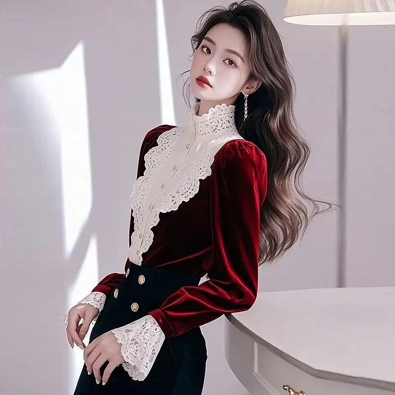 

New Fashion Velvet Blouses For Women French Ruffles Lace Patchwork Shirts Design Flared Sleeve Tops Autumn Winter E11353