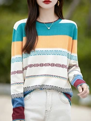 Women 100% Cotton Striped Sweater O-neck Pullover Casual Color Blocking Splicing Knitwear Long Sleeve Spring Autumn Clothing Top