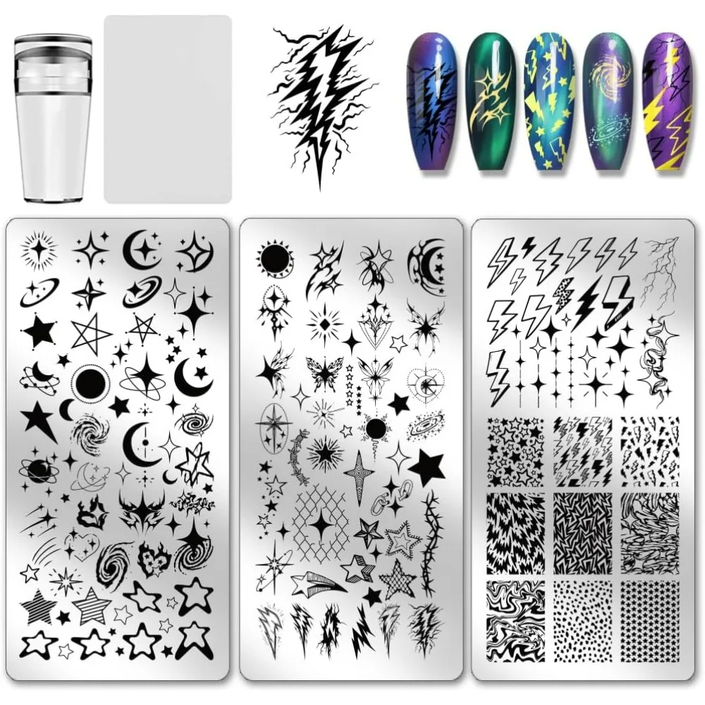 3pcs Moon Star Nail Stamping Plates Lightning Patterns Nails Art Stencils Planet Nail Art Templates Galaxy Night Sky Manicures