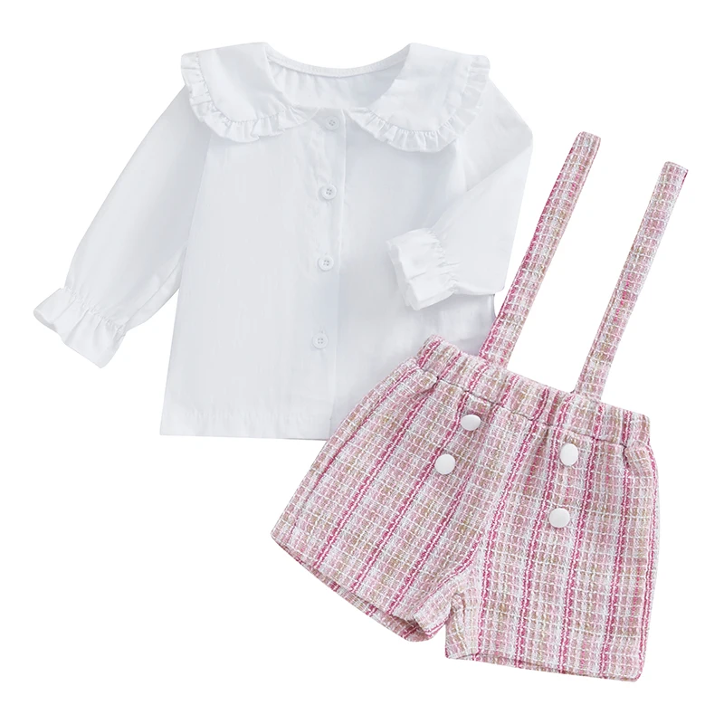 Baby Girl Fall Outfit Solid Doll Collar Ruffle Sleeve Button Shirt T Suspender Shorts 2 Piece Set