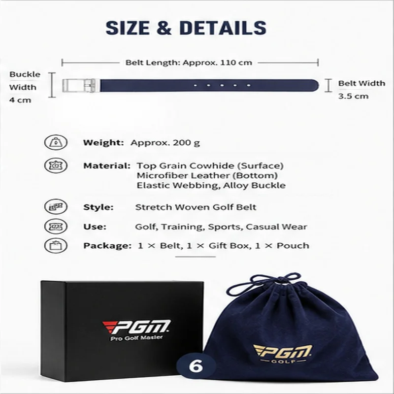 PGM Golf Belt, Men's, Stretch Knitted Belt Body, First Cowhide, Alloy Button Head, Sports Belt view 6
