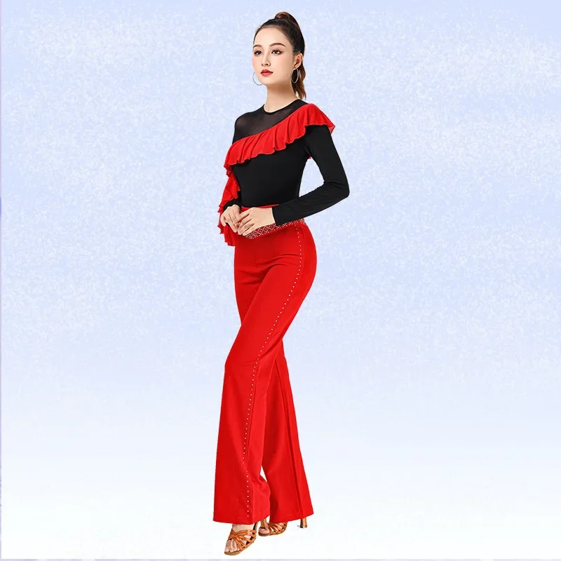 Modern Latin Dance Top New Style Gypsy Bar Dance Outfit Mesh Wave Sleeves Red Long Sleeve For Sports Shoes And Accessories