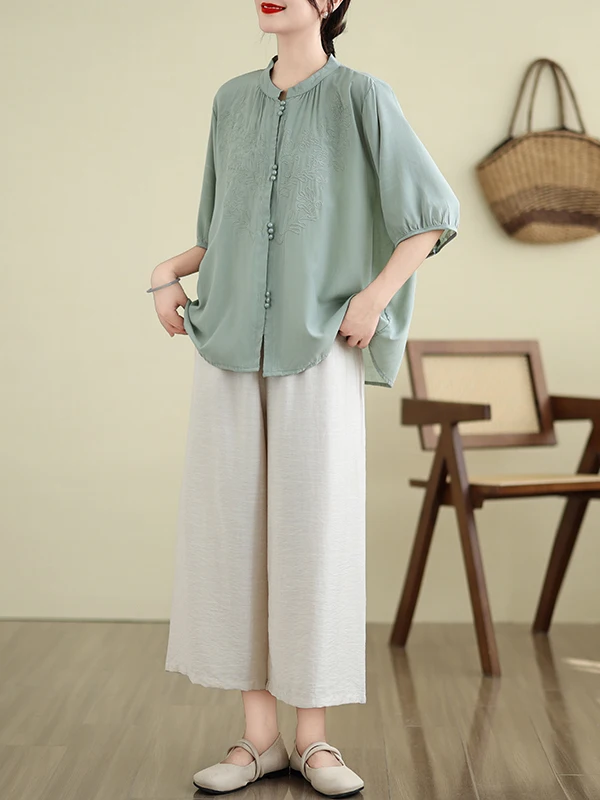 Large Size Women's Cotton Linen Suit Summer 2025 New Mid-Age Mom's Faionable Two-Piece Set Seven-Quarter Sve Stand Collar