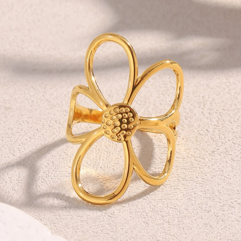 PRISCA | Metal Flower Gold Palted Ring Stainless Steel Women Cute Jewelry Bithday 18k Gold Plated Vintage 2025