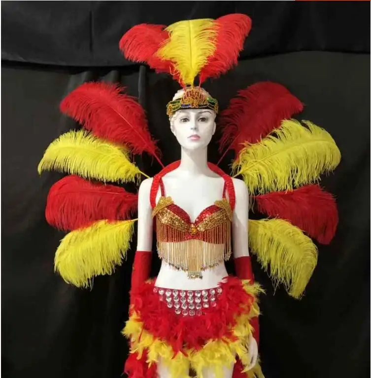 Vêtements de danse de samba imbibés de plumes pour femmes, performance de carnaval sur scène