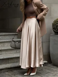 MiuKoMiYa Elegant Long Satin Skirts For Women High Waist A-line Solid Skirt Female Khaki Fashion Women Maxi White Silk Skirts