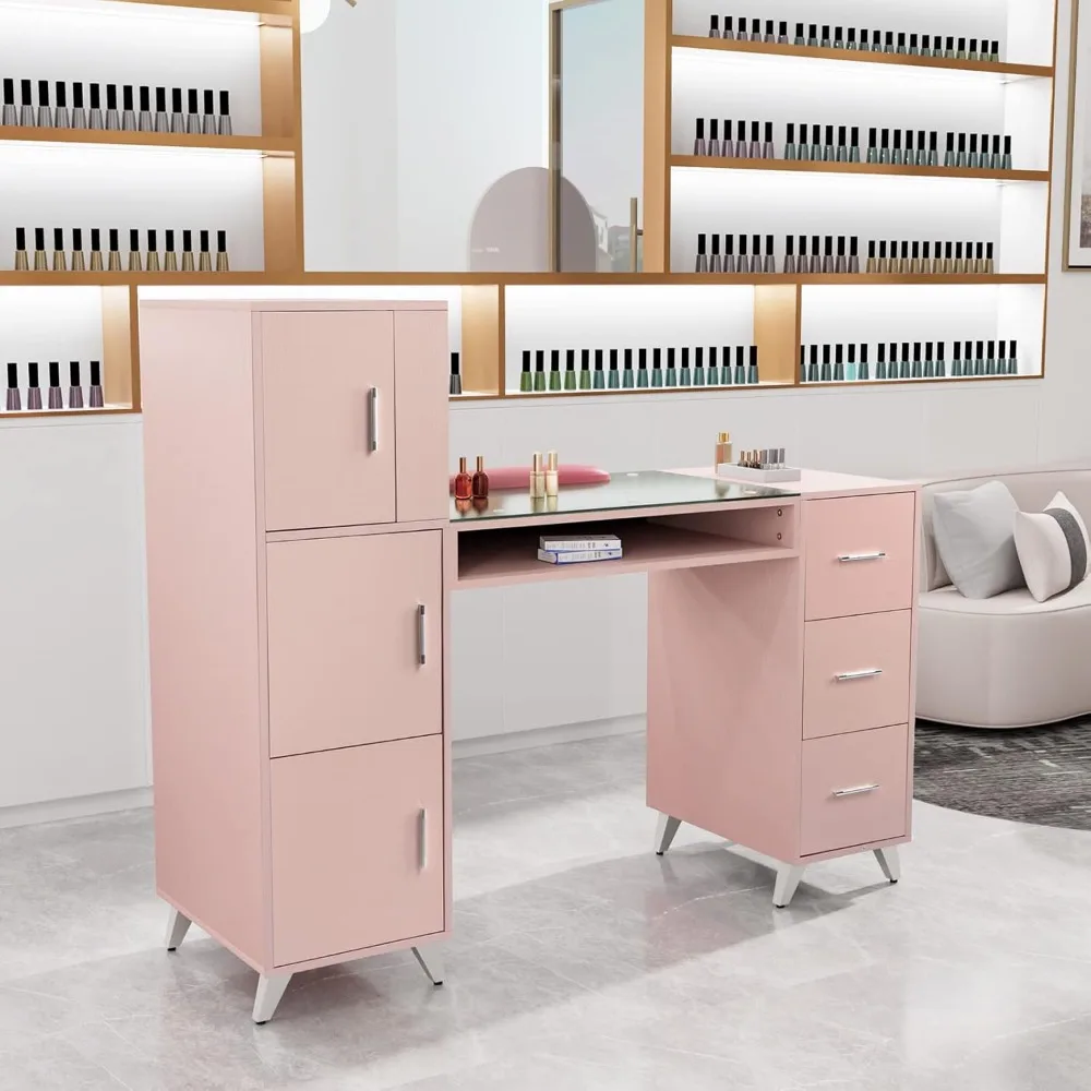 Manicure Table Nail Desk Acetone Resistant, w/Glass Top & Wrist Rest, w/3 Side Cabinet+3 Drawers+3 Layers Open Cabinet+1 Drawer