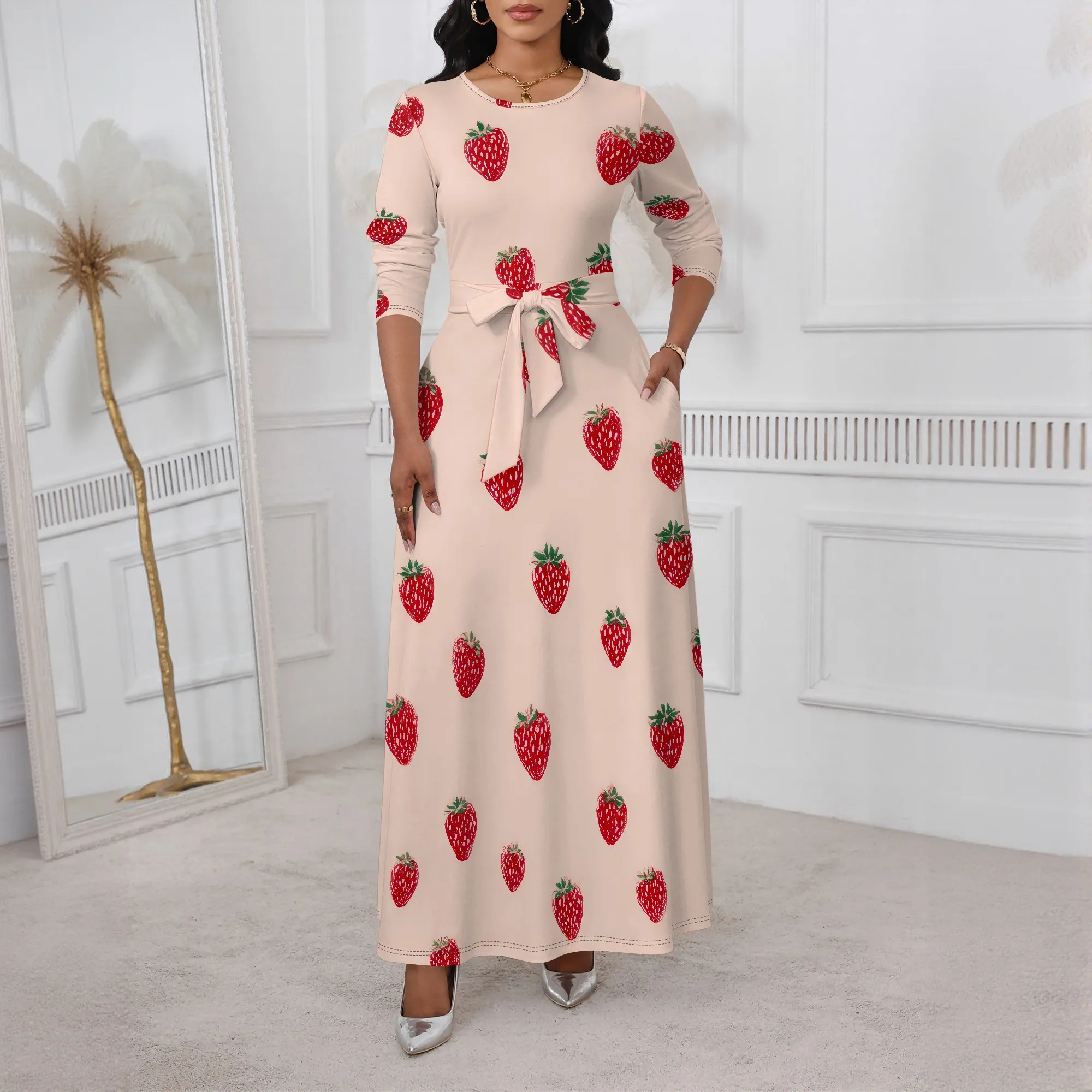 

Ladies' oversized size, round-neck, long dress, casual style, three/four sleeve, tie at the waist, with pockets