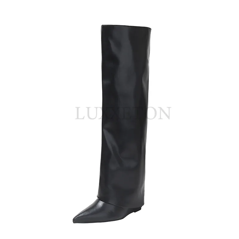 Autumn and Winter  New European and N Niche Trouser Boots Pointy Black But Lacquered Boots Female High-heeled  Knight  Boots