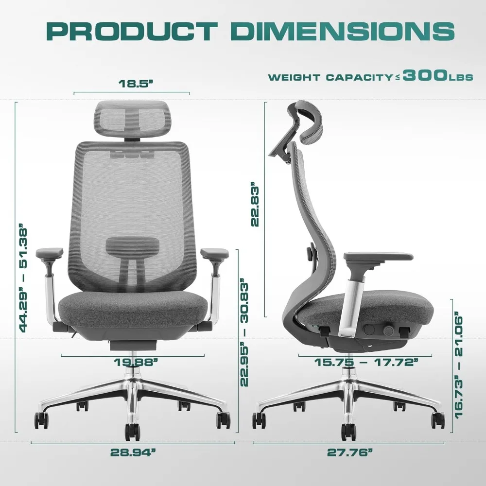 Ergonomic Mesh Office Chair, High Back Computer Executive Desk Chair with Adjustable Headrest and 4D Arms, Slide Seat