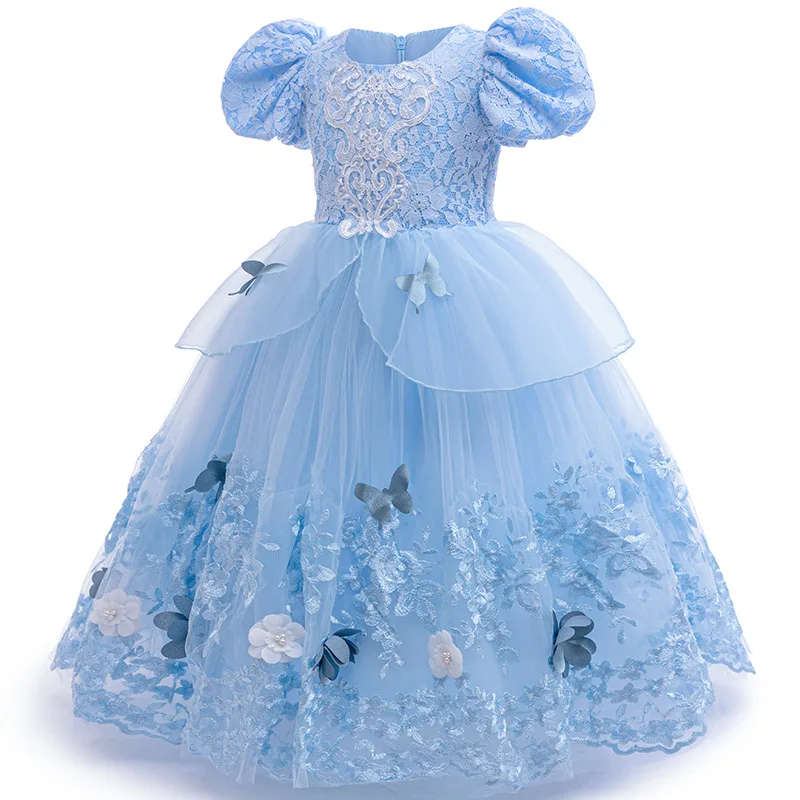 Girl Blue Princess Dress2025 New Cinderella Dress Kids Performance Costume Halloween Girls Butterfly Puffy Gown Casual Outfit