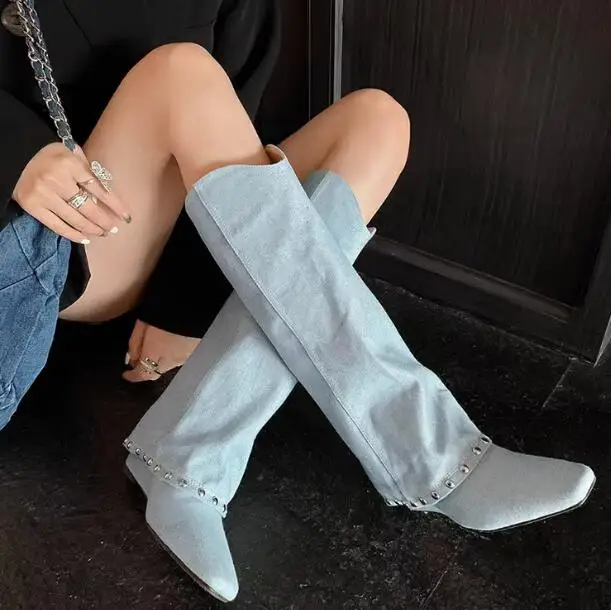 

Spring Girls Light Dark Blue Denim Jeans Square Toe Rivet Tube Slip On Wedge Knee High Pants Boots Women Long Leisure Botas Shoe