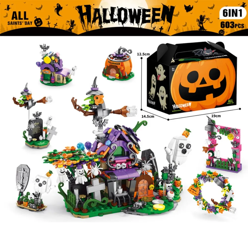 

Creative Halloween Pumpkin House Building Blocks City Pumpkin House Train Model MOC Bricks Toys for Children Kids Gift