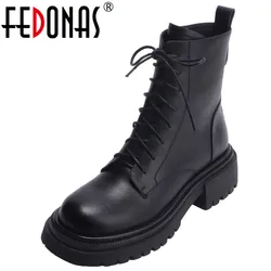 FEDONAS Popular Women Ankle Boots Cross-Tied Platforms Thick Heels Genuine Leather Shoes Woman Outdoor Leisure Motorcycle Boots