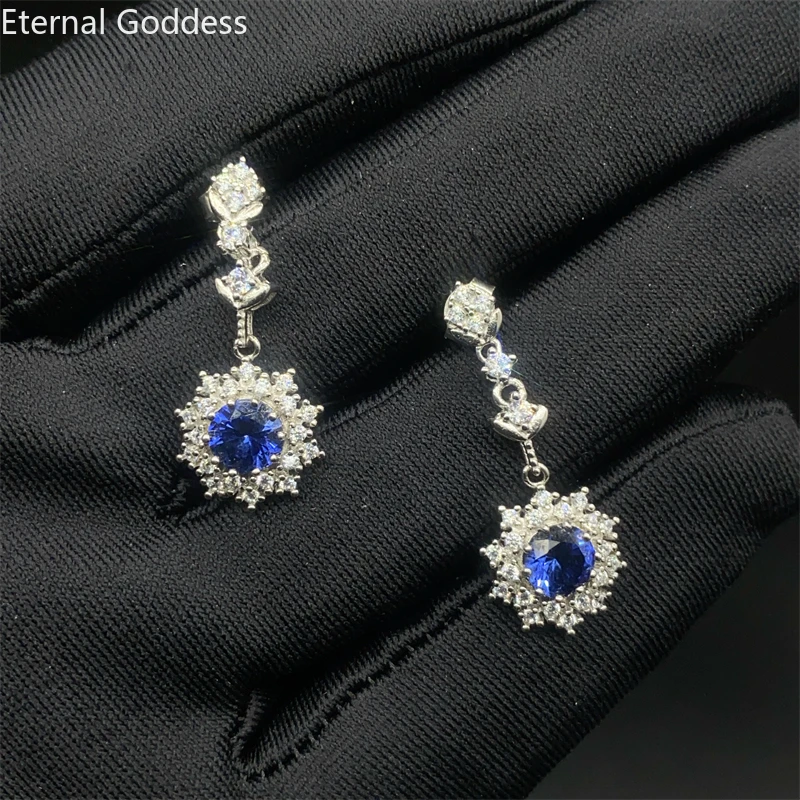 

925 silver sterling real Natural sapphire stud earrings fine Jewelry party trendy new party 6*6mm luxury jewelry designers