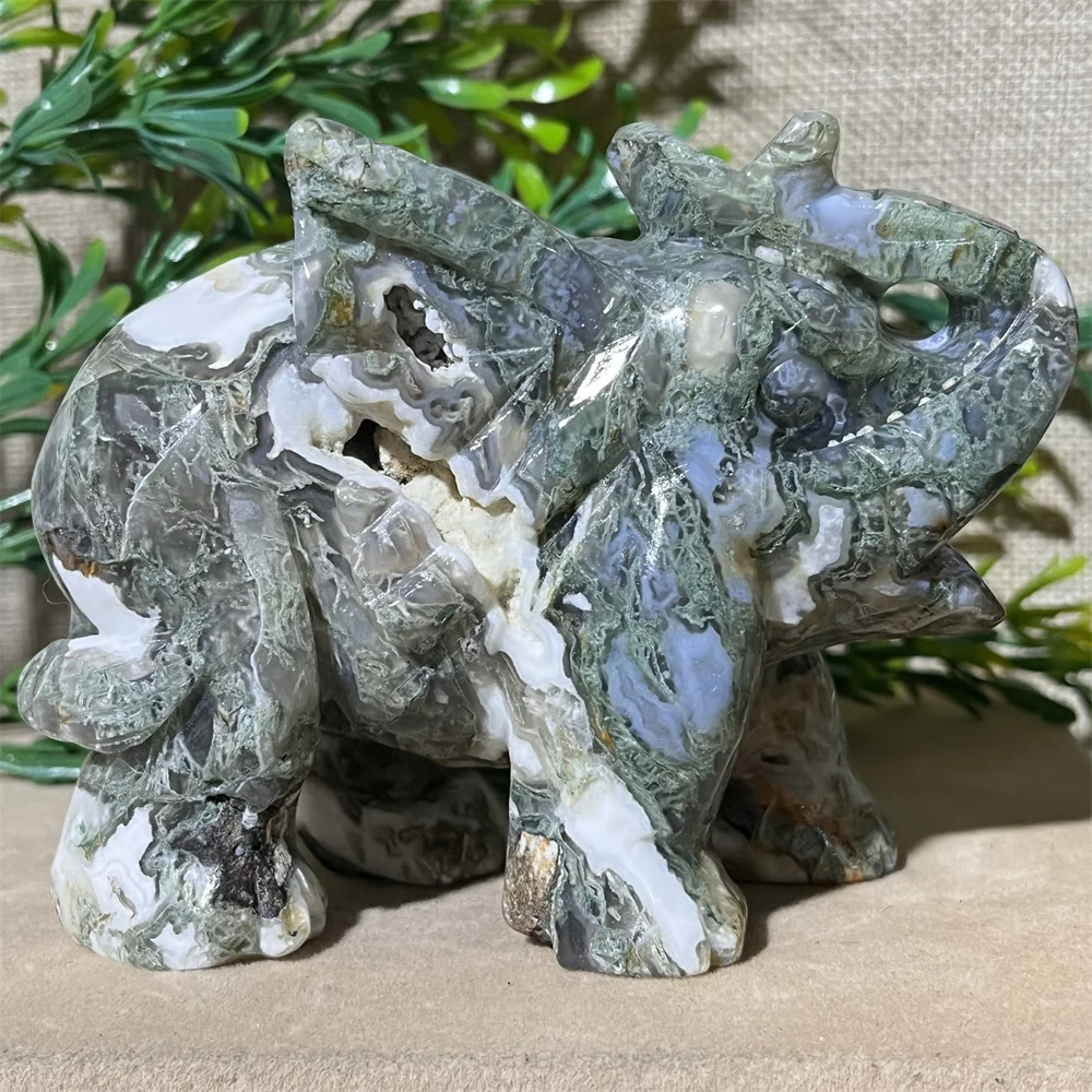 Crystal Natura Moss Agate Elephant Carving Stone Quartz Animal Druzy Feng Shui Healing Polishing Craft Minerals  Home Decoration