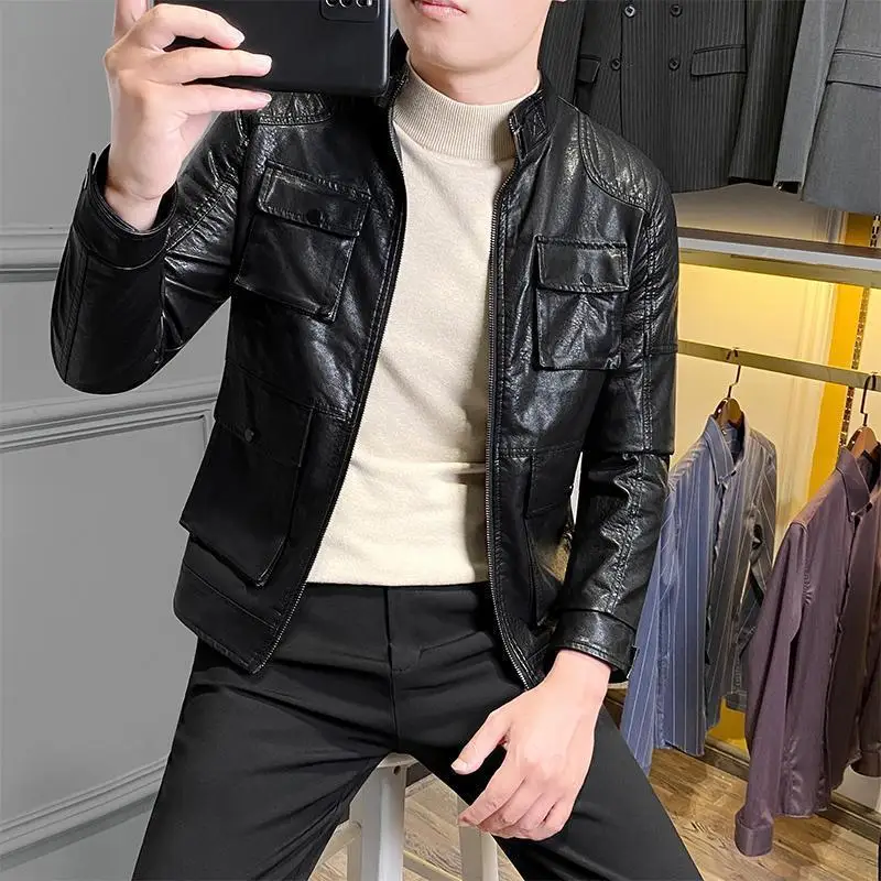 New Men's Pu Leather Jackets Outerwear Black Soft Faux Leather Motorcycle Jacket Men Stand Pocket Coats