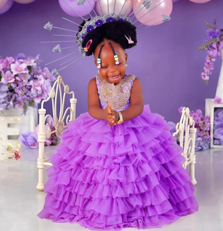 

Purple Puffy Flower Girl Dress For Wedding Tulle Beaded Tiered Skirt Baby Princess Birthday Evening First Communion Gown