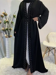 Solid Muslim Middle East Women's Robe Long Sleeve Patchwork Beaded Cardigan Belt Drag Floor Slim Female Autumn Abaya Trendy Robe