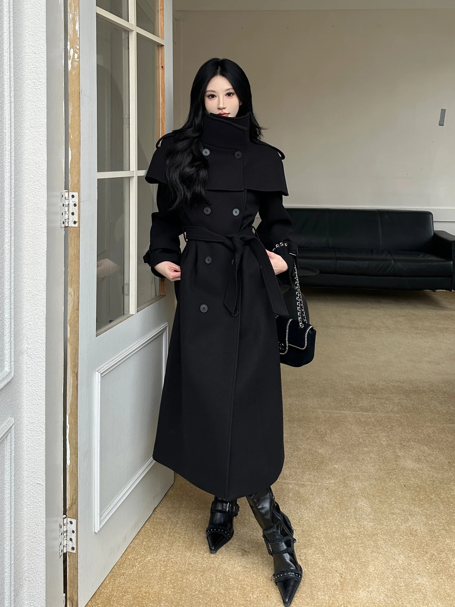 

MOXI Современное женское шерстяное пальто-жакет с отстегивающимся капюшоном-накидкой, осенне-зимний комплект, новинка, элегантный крой, длинный рукав