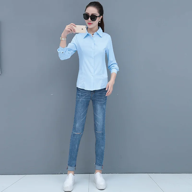 Korean Fashion Blue Women\'s Shirt Long Sleeve Blouse Formal Shirt Slim Female Working Clothes Elegant Ladies Tos Basic OL Blouse