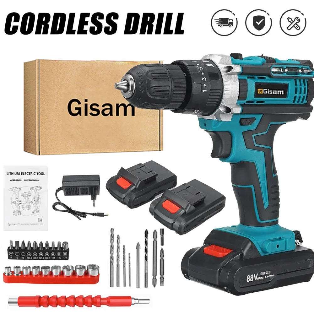 Gisam Cordless Impact Drill Electric Screwdriver Rechargeable Handheld Hammer Drill Power Tool 25+3 Torque Driver Li-ion Battery