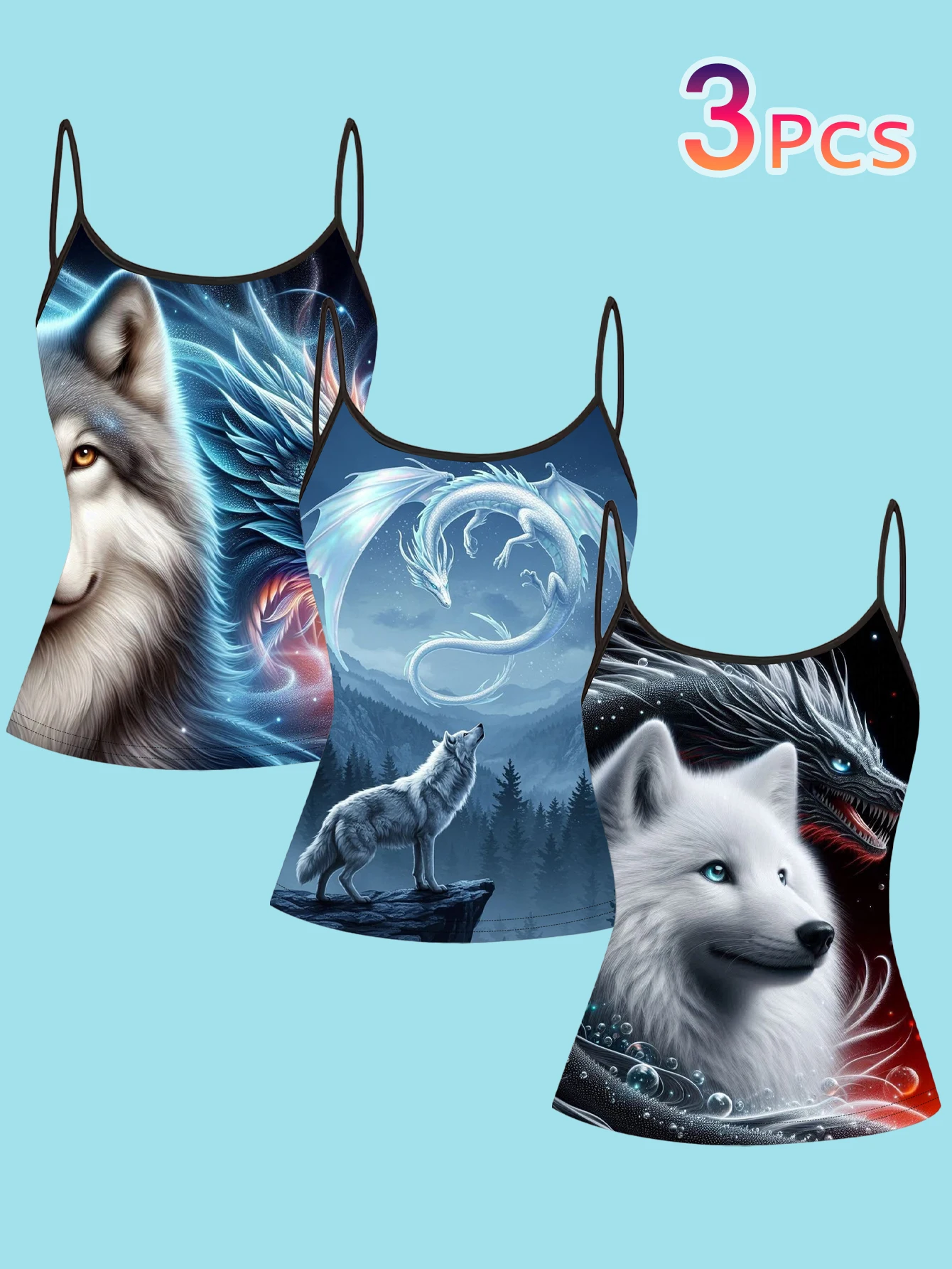 3-Piece Set of Wolf Dragon Fantasy Print Spaghetti Strap Tank Tops, White Dragon Howling at the Moon, White Wolf Valley Dark Gothic Style Slim Fit Sleeveless Tops, Y2K Punk Inner and Outer Wear Base Layer Shirts