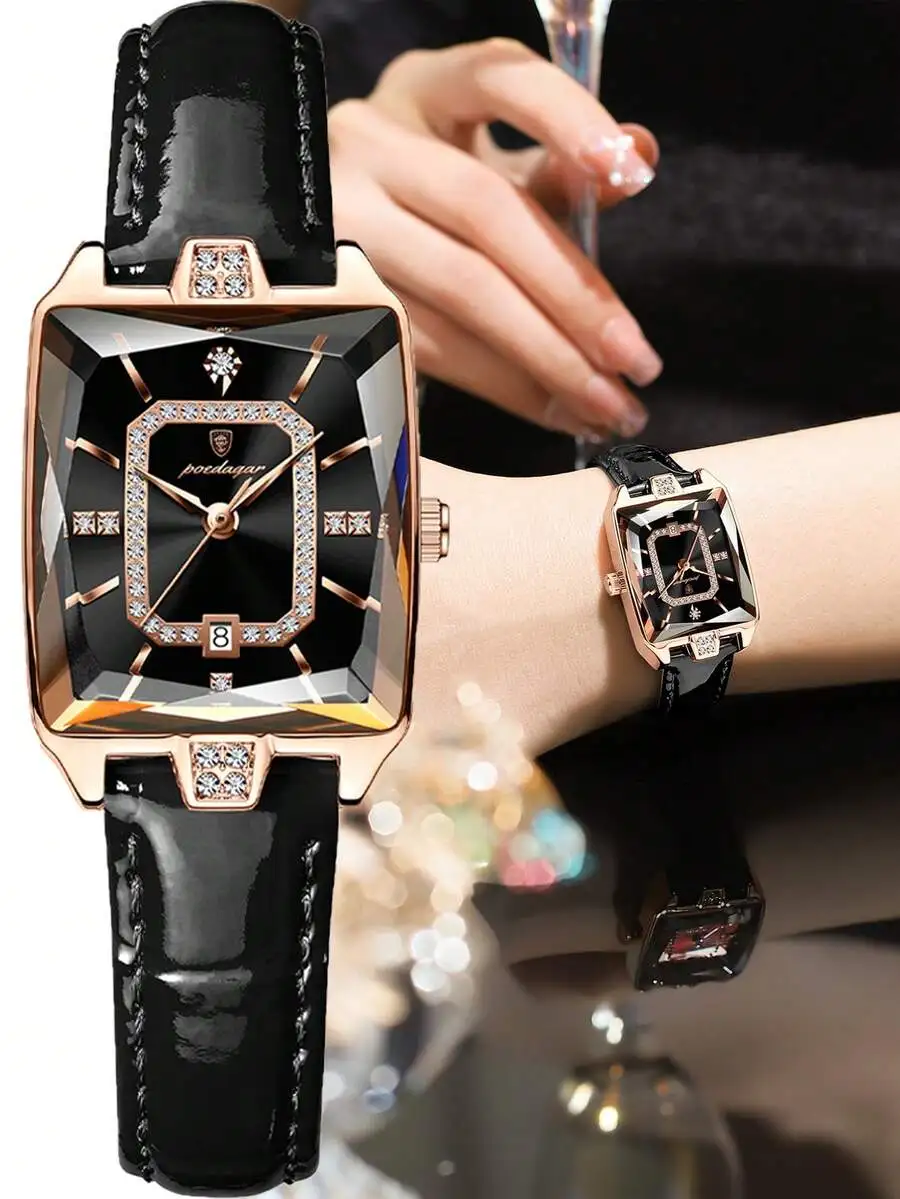 

Elegant Women Square Quartz Watch With Rhinestone Decor PU Leather Strap Luminous Date Function