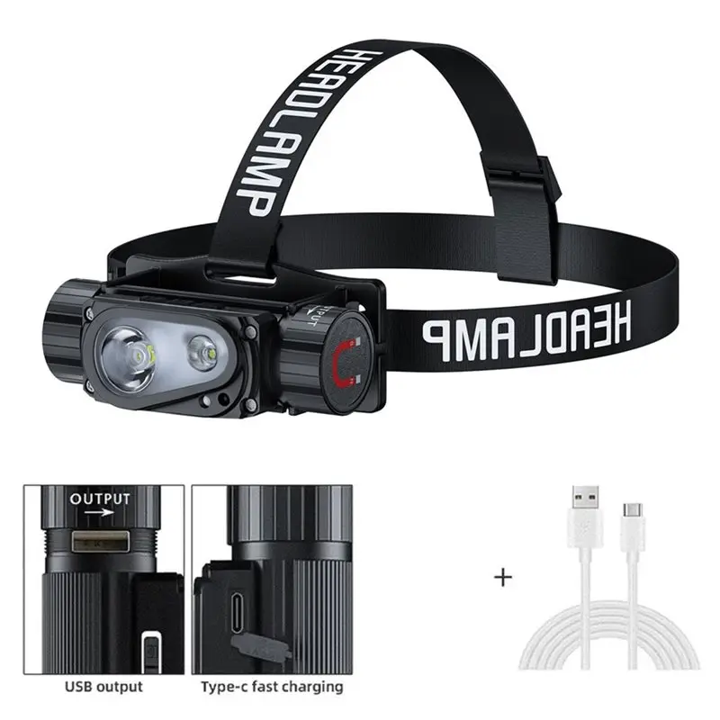 AB51 Sensor LED Headlamp White 3 Switch Headlight 18650 21700 Head Lamp Torch Flash Light USB Type C Power Bank Flashlight