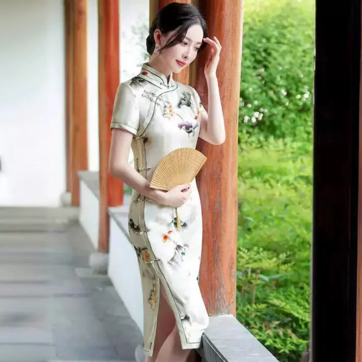 Cheongsam Qipao Retro Improved -Fitting Printed Dress Spring and Summer Mid-Length Chinese Chi-Pao