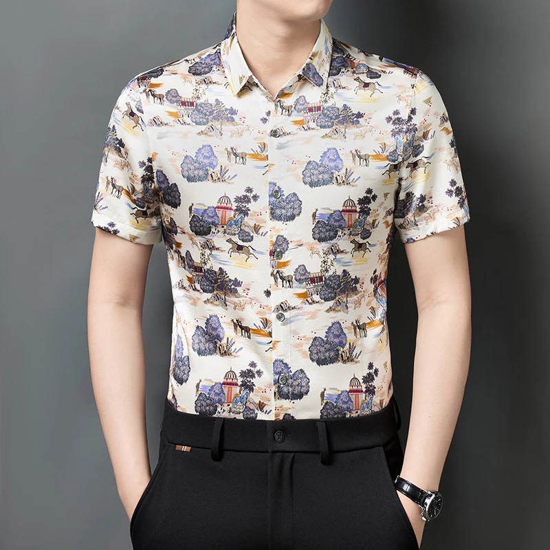 

Silk 90% Blend Premium Shirts For Men Short Sleeve Skin-Friendly Summer Coolness Breathable High Quality Print Camisas De Hombre