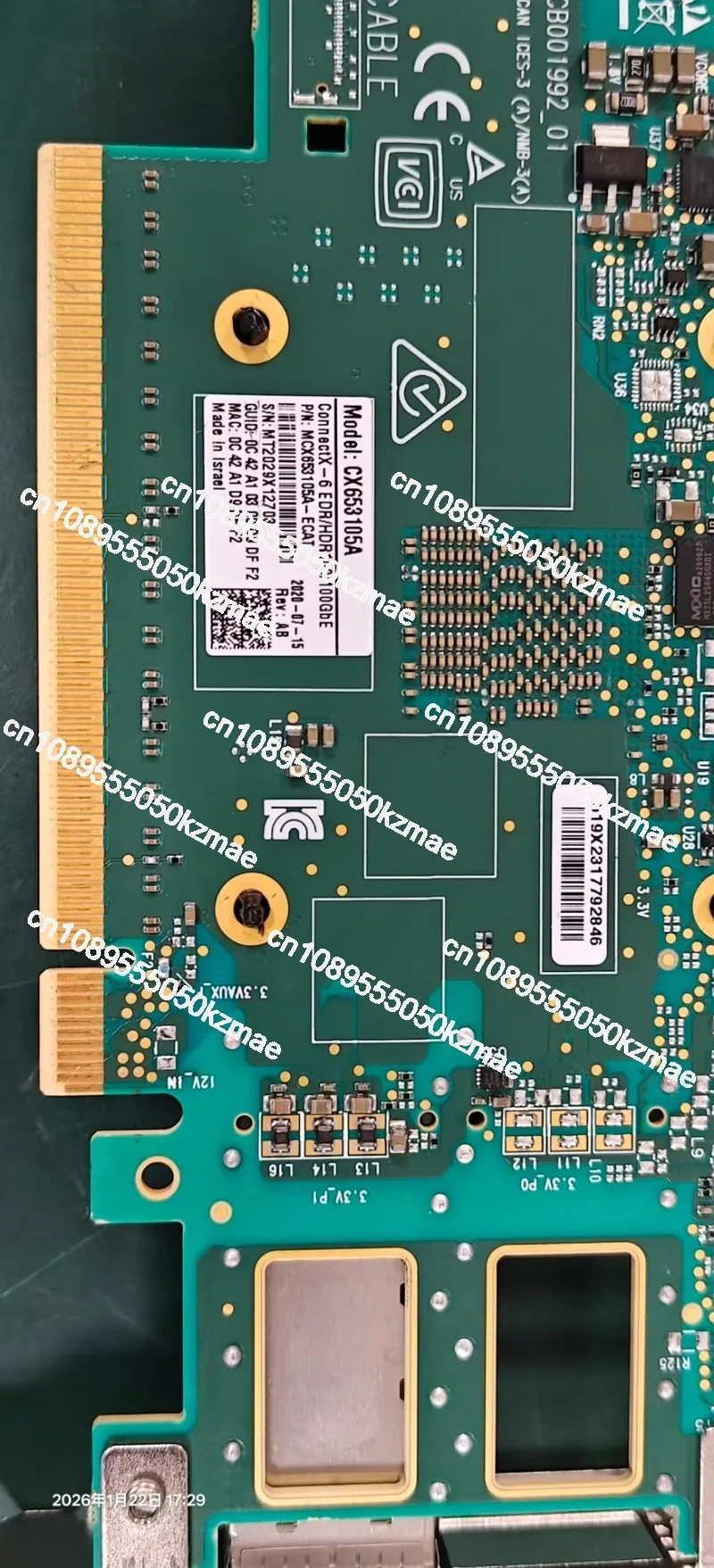 For MCX653105A-ECAT ConnectX-6 InfiniBand/Ethernet adapter card 100Gb/s single port QSFP56, PCIe3.x16 0/4.0