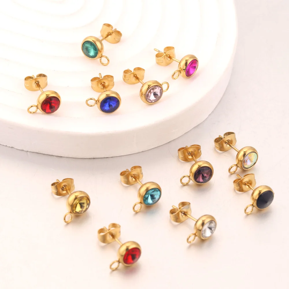 

10pcs Stainless Steel 18K Gold-Plate Clear Multicolor Earring Posts Ear Studs with Loop Fit DIY Earrings Jewelry Making Supplies