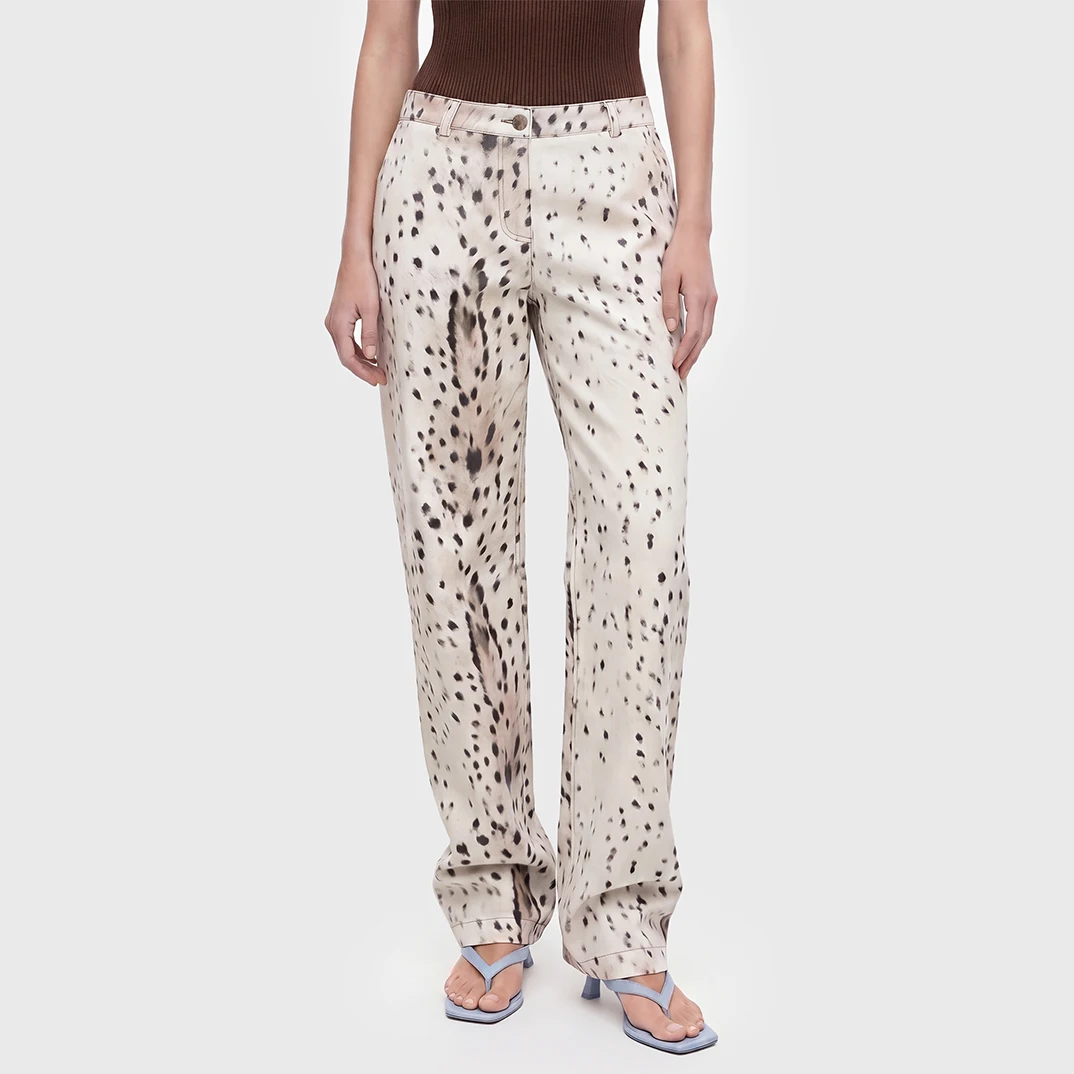 Vintage Spotted Leopard Print High Waist Wide Leg Pants Women Glossy Satin Fabric Streetwear Long Trousers