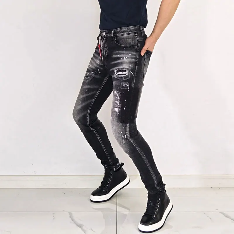 Men Black Grey Vintage Washed Ripped Splash Ink Stripe Stretch Slim Skinny Jeans Mid Rise Hip Hop Streetwear Denim Jeanshombre
