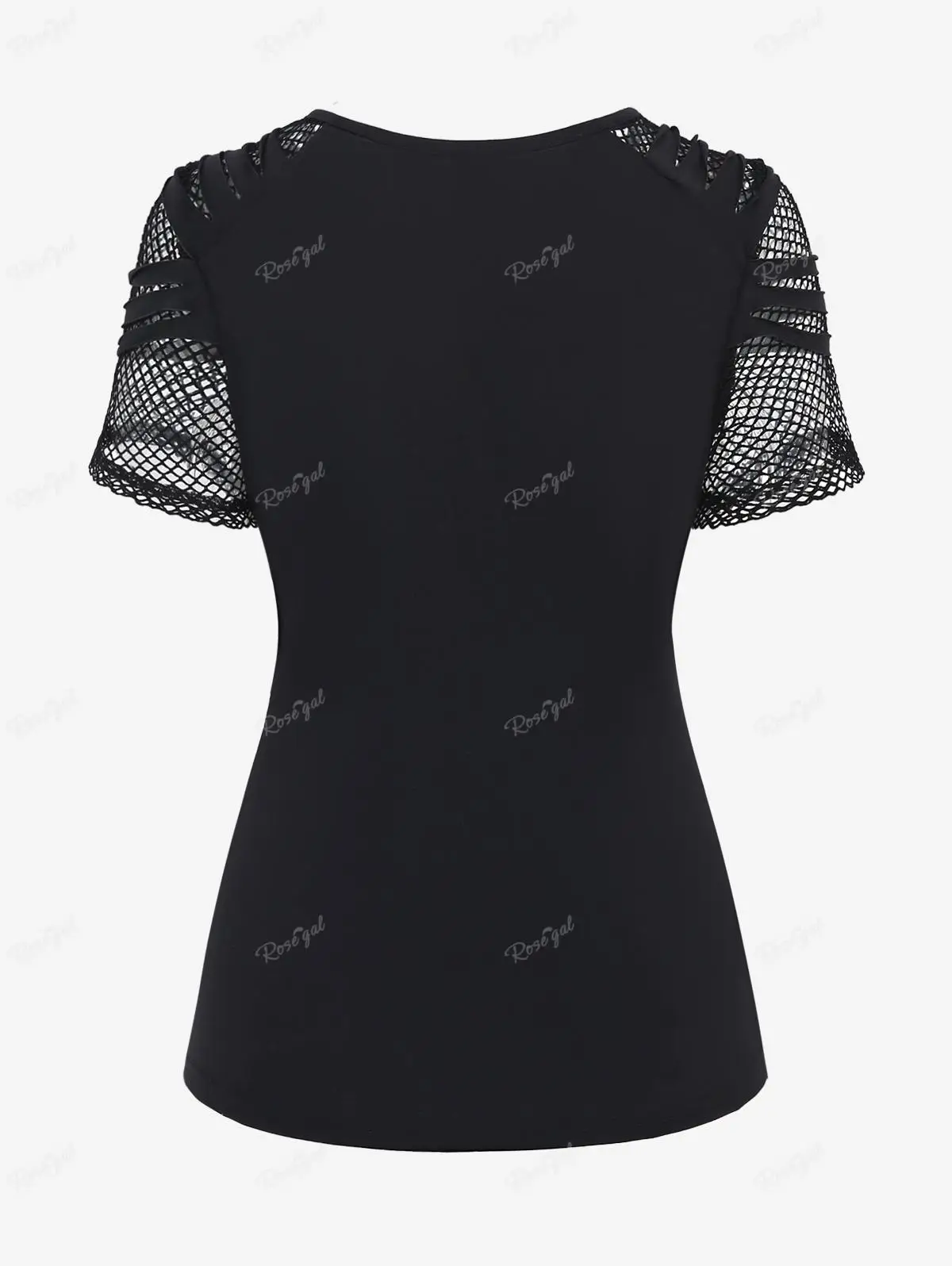 ROSEGAL Plus Size Gothic T-shirts For Women Fishnet Panel O-Ring Full Zipper Ripped Sleeves Top New Spring Summer Patchwork Tees