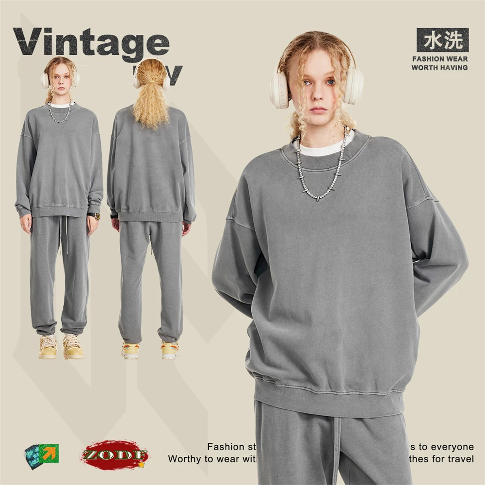 ZODF New Autumn Winter Washed Cotton Sweatshirt For Men Unisex Basic Loose 380gsm Sport Knitted O-Neck Pullovers HY0902