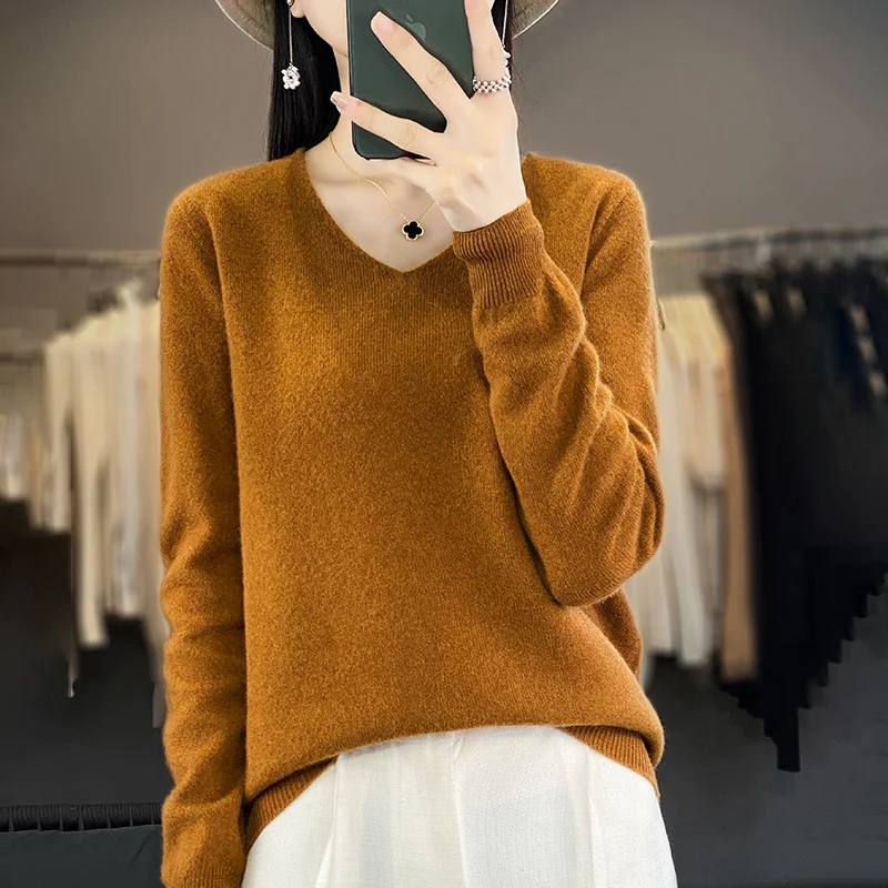 Women 100% Merino Wool Sweater V-Neck Basic Pullover Autumn Winter Cashmere Clothing Long Sleeve Soft Knitwear Tops Solid Color