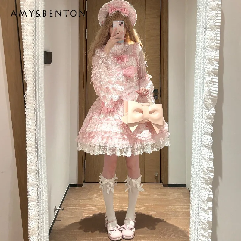 ชุดเดรสสไตล์โลลิต้าลายดอกไม้หวานๆ แบบ JSK สำหรับผู้หญิง ชุดเดรสเจ้าหญิงน่ารักสำหรับงานวันเกิด พร้อมโบว์น่ารัก ทรงเข้ารูป ผ้าตาข่ายพองๆ