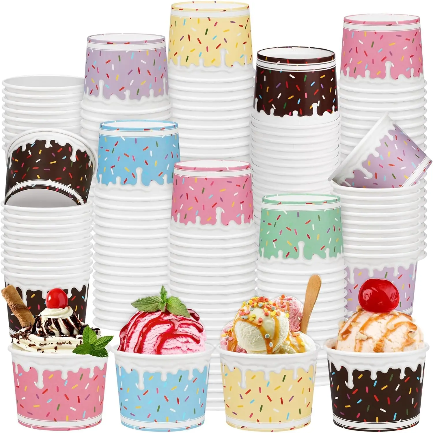 

300 Pack Ice Cream Cups 8oz Sprinkles Paper Ice Cream Bowls 6 Color Disposable Snack Bowls Party Supplies Treat Cups for