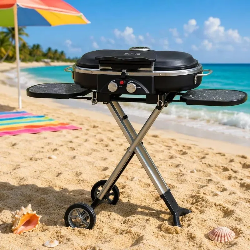 Outdoor Cooking Camping Portable Stand-Up Smokeless Fordable Grill with Wheel Bbq Grill Gas for Boat Marine