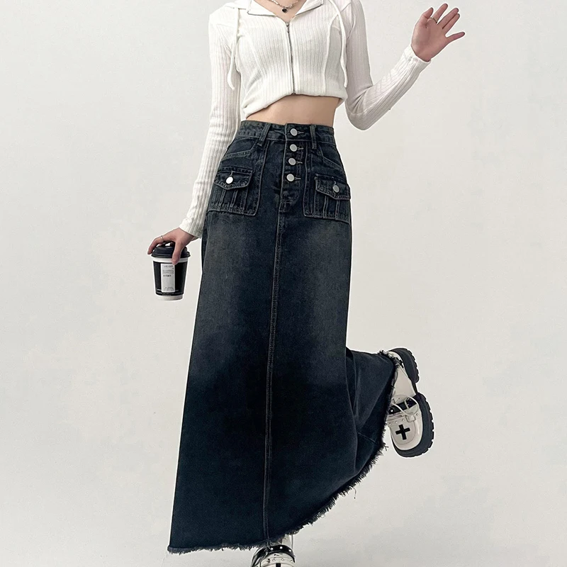 Vintage Denim Long Skirt for Women 2023 Spring Summer High Waist Button Raw Edge A-Line Skirt Female Harajuku Street Jean Skirts