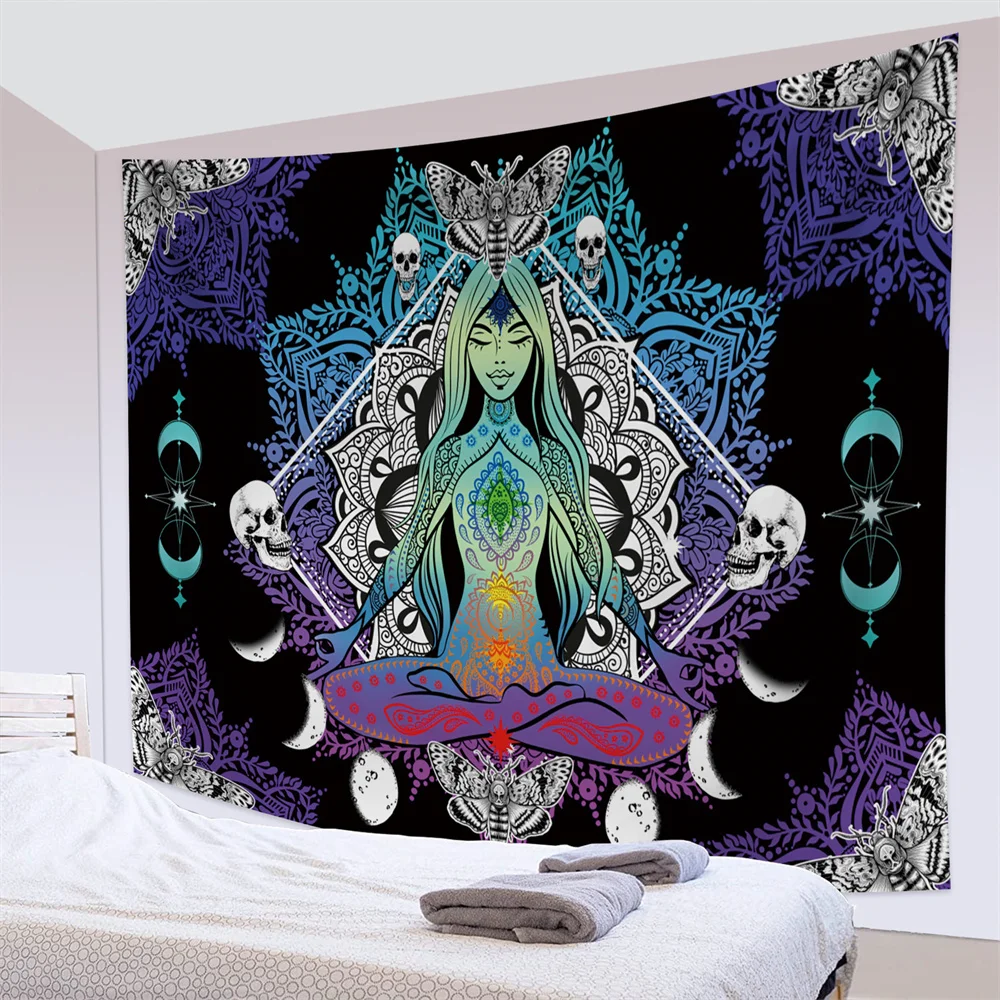 Psychedelic Meditation Seven Chakra Tapestry Wall Hanging Mandala Bohemian Hippie Witchcraft Divination Decor Blanket Background