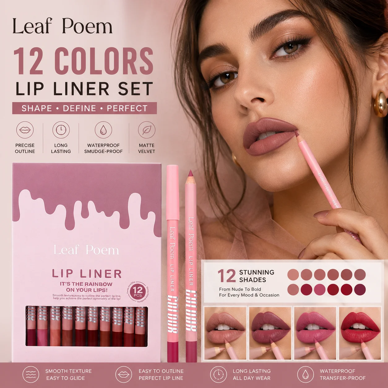 Leaf Poem 12 Colors Matte Lip Liner Set Waterproof Long Lasting Velvet Lip Pencil Smooth Outline Nude Makeup Kit