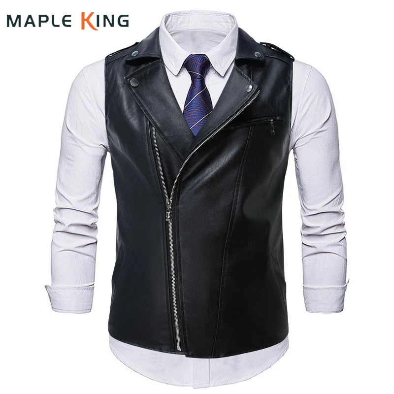 Mens PU Leather Vest Motorcycle Oblique Zipper Designer Vinatge Steampunk Turn Down Collar Sleeves Jackets for Men Waistcoat