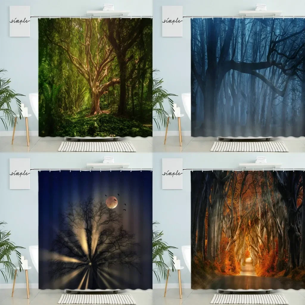 Foggy Forest Scenery Shower Curtain Happy Halloween Bathroom Decor Tree Dreamy Horror Night Scene With Hook Waterproof Screen